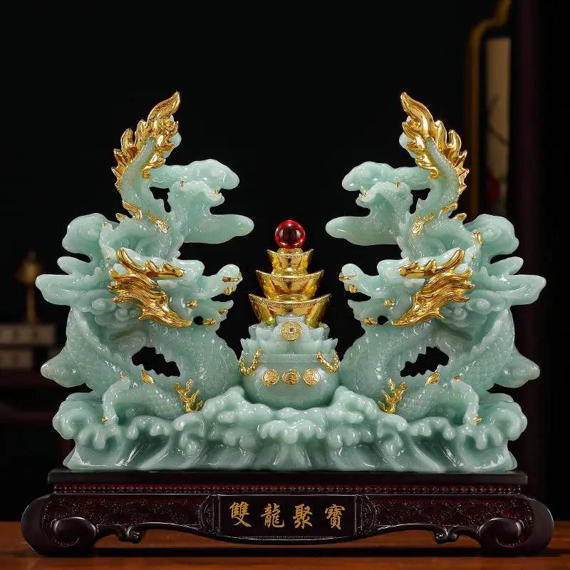 Double Dragon Treasure Bowl Fortune Qinglong Ornaments Living Room Office Decor Business Gifts