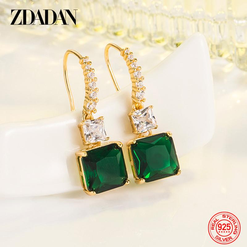 925 Silver 18K Gold Square Emerald Drop Earrings for Women Wedding Jewelry