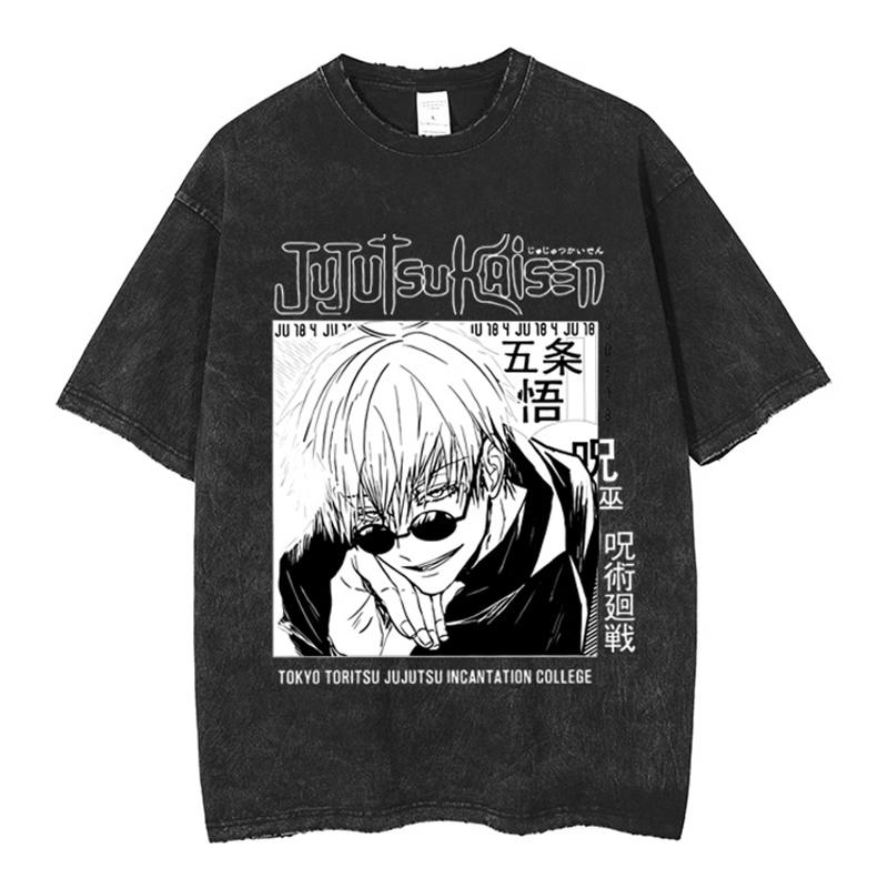 Jujutsu Kaisen Gojo Satoru Manga Panel Japanese Text Vintage Washed T Shirt Summer Graphic Tee for Men Women