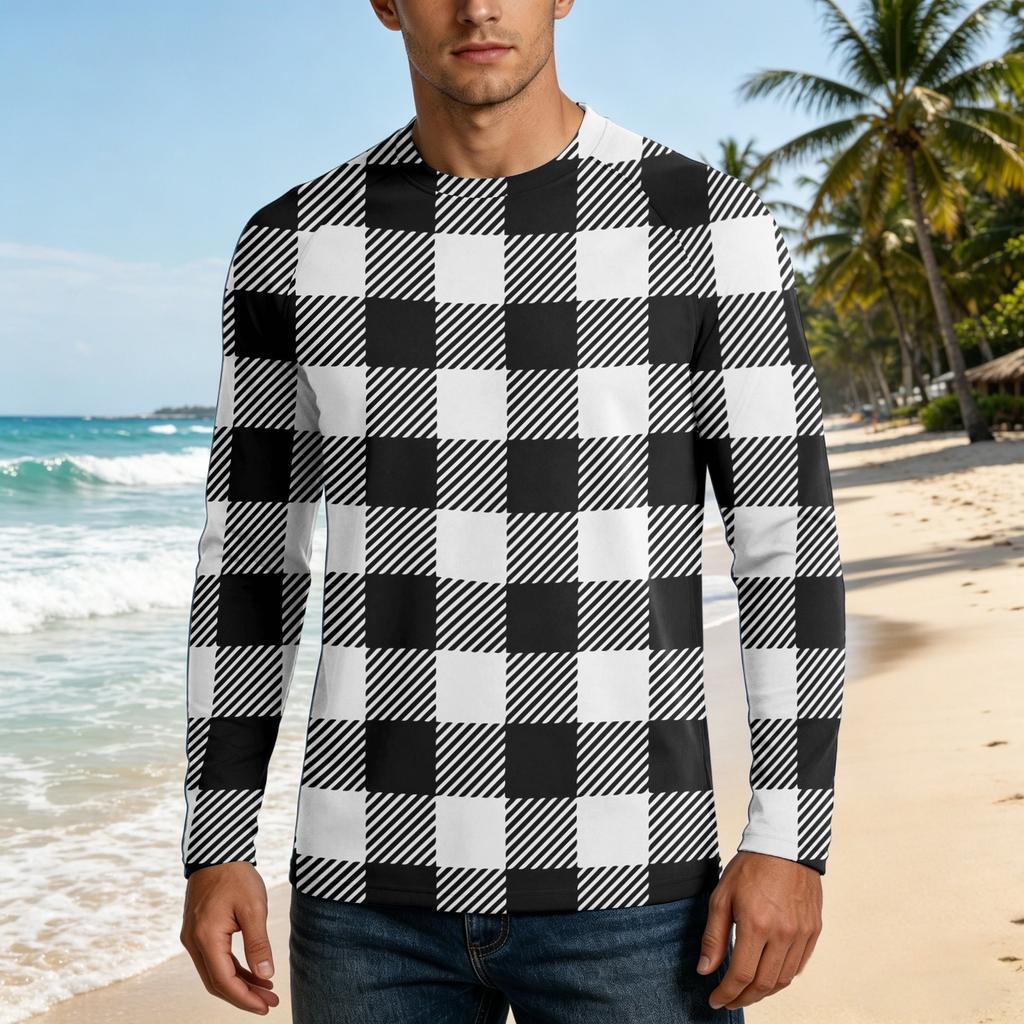 Men Long Sleeve UPF 50 Plus Sun Protection Shirt Outdoor Sports Fishing Casual Top Lightweight Breathable Quick Dry Crewneck Plaid Design