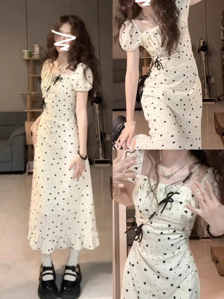 French Square Neck Bubble Sleeve Dress Women's Summer New Gentle Temperament Coffee Break Dress Waist and Thin Long Dress