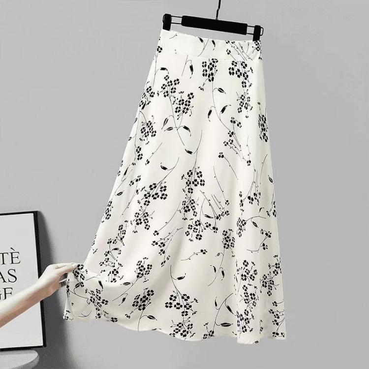 Geblümter Halbrock Sommer Hohe Taille Schlankmachend Weiter Weiß Bedruckter Rock A-Linie Chiffon Midilanger Rock
