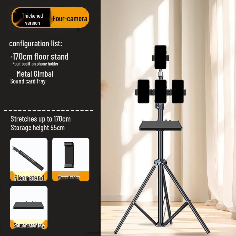 Dual-Position Carbon Steel Phone Stand with Fill Light for Outdoor Streaming