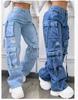 Women's High Waist Multi-Pocket Distressed Wide Leg Cargo Denim Jeans