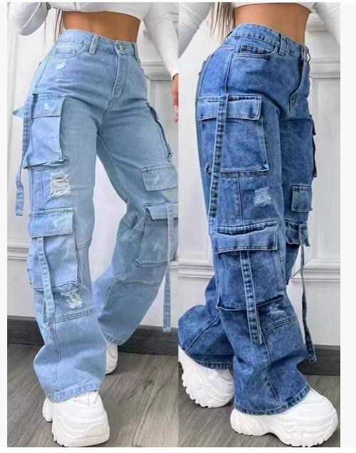 Women's High Waist Multi-Pocket Distressed Wide Leg Cargo Denim Jeans