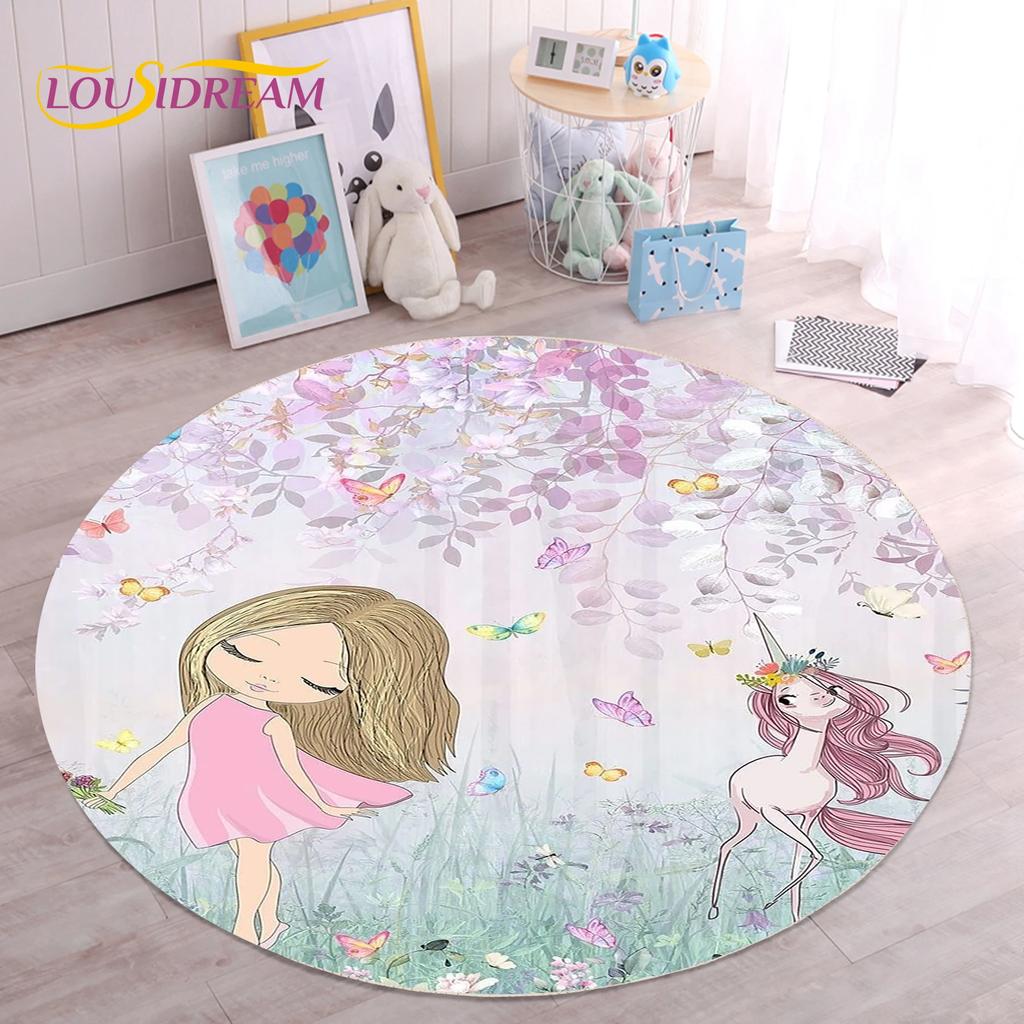 Cute Ballet Girl Ballerina Fairy Unicorn Cartoon Round Area Carpet Rug for Living Room Bedroom Kids Decor,Pet Area Rug Non-slip