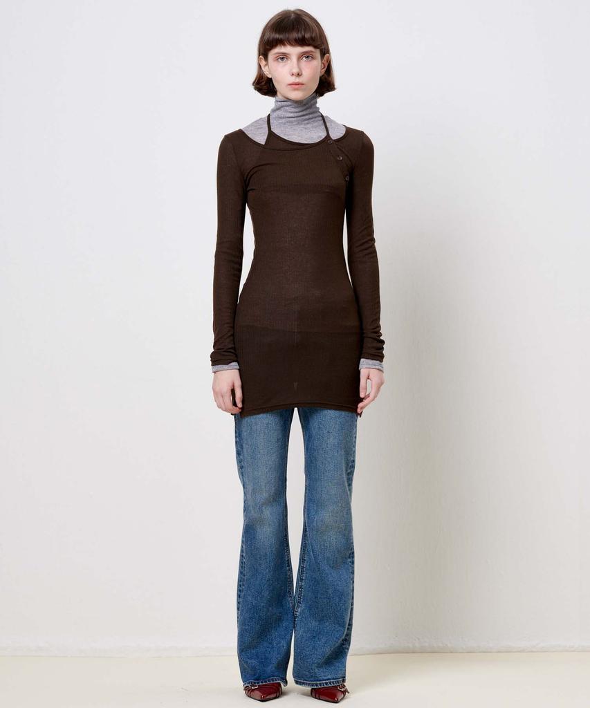 Plack Woman String Detail Layered Dress Brown