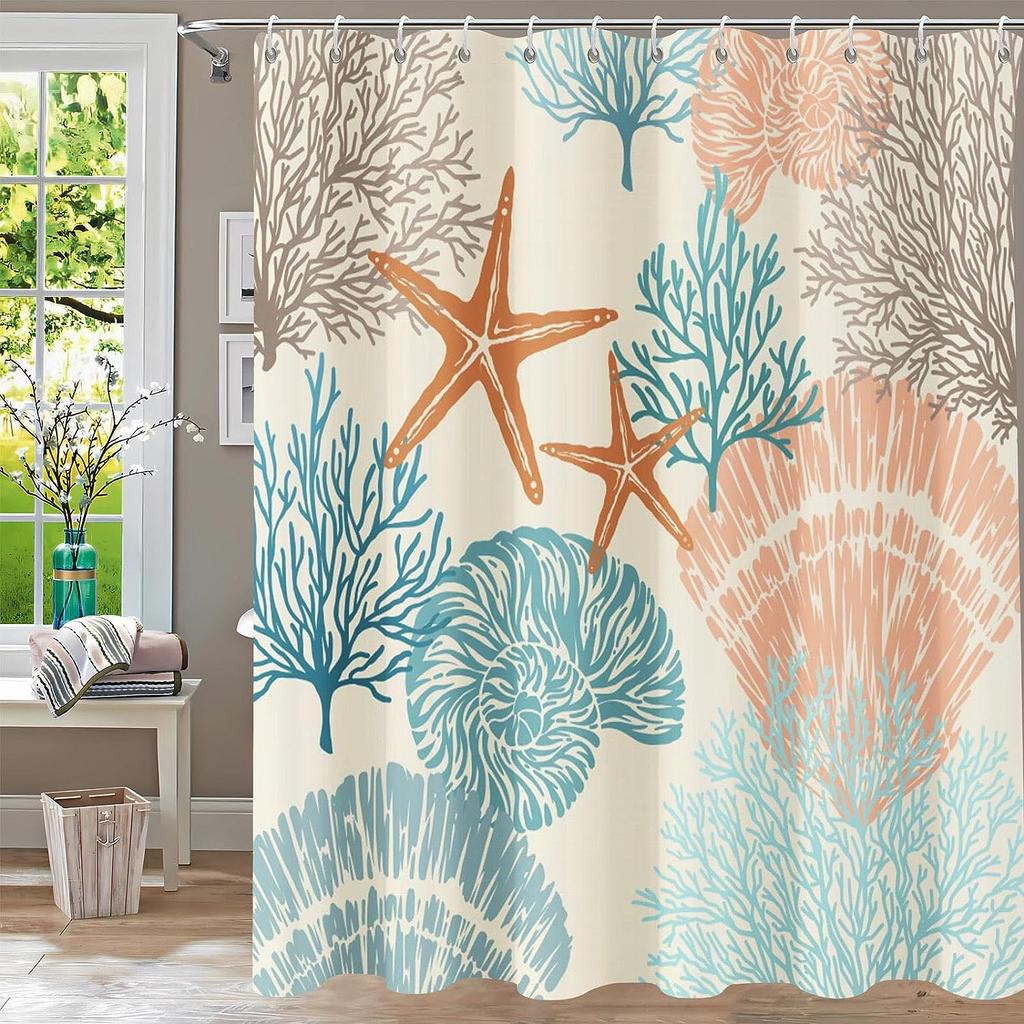 Nautical Coastal Shower Curtain Starfish Seashell Coral Ocean Beach Themed Bath Curtains Fabric Bathroom Decor with Hooks