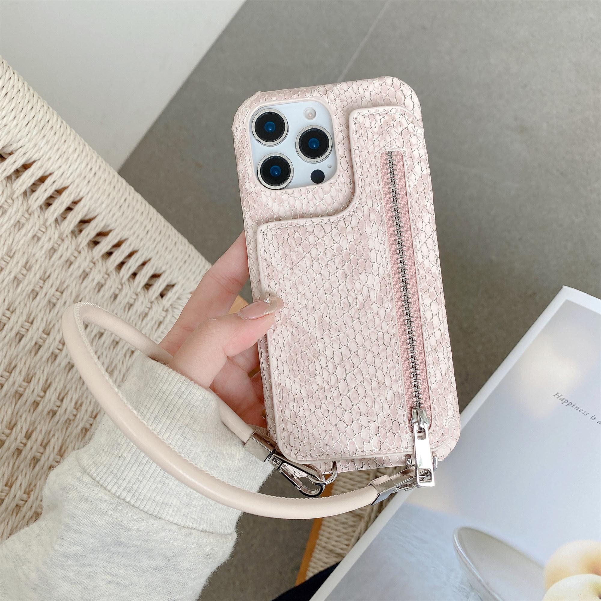 

For iPhone 15 Pro Max Case Zipper Card Holder Mirror Snake Texture PU+PC Back Cover with Lanyard Light Pink