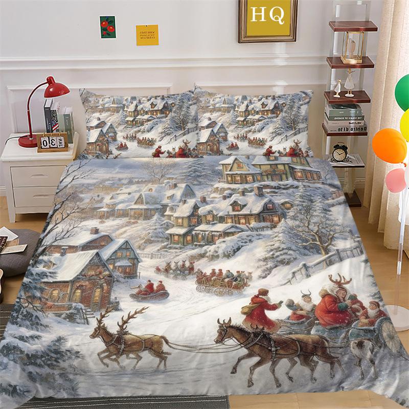 Christmas Snow Scene 3D Printed Polyester Pillowcase Quilt Cover Two Or Three Piece Set
