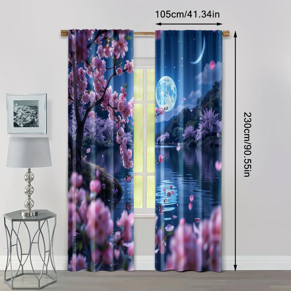 2pc, Curtains Cherry trees in the moonlight Blackout Polyester Festive Holiday for Multipurpose Various Event Decoration