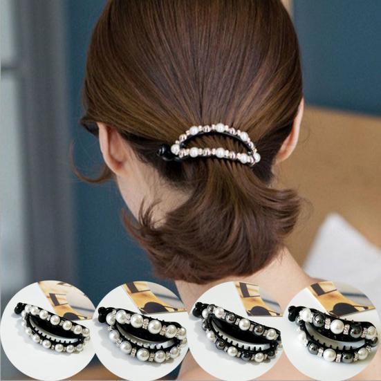 Women Hollow Geometric Oval Rhinestone Faux Pearl Hairpin Ponytail Hair Clip