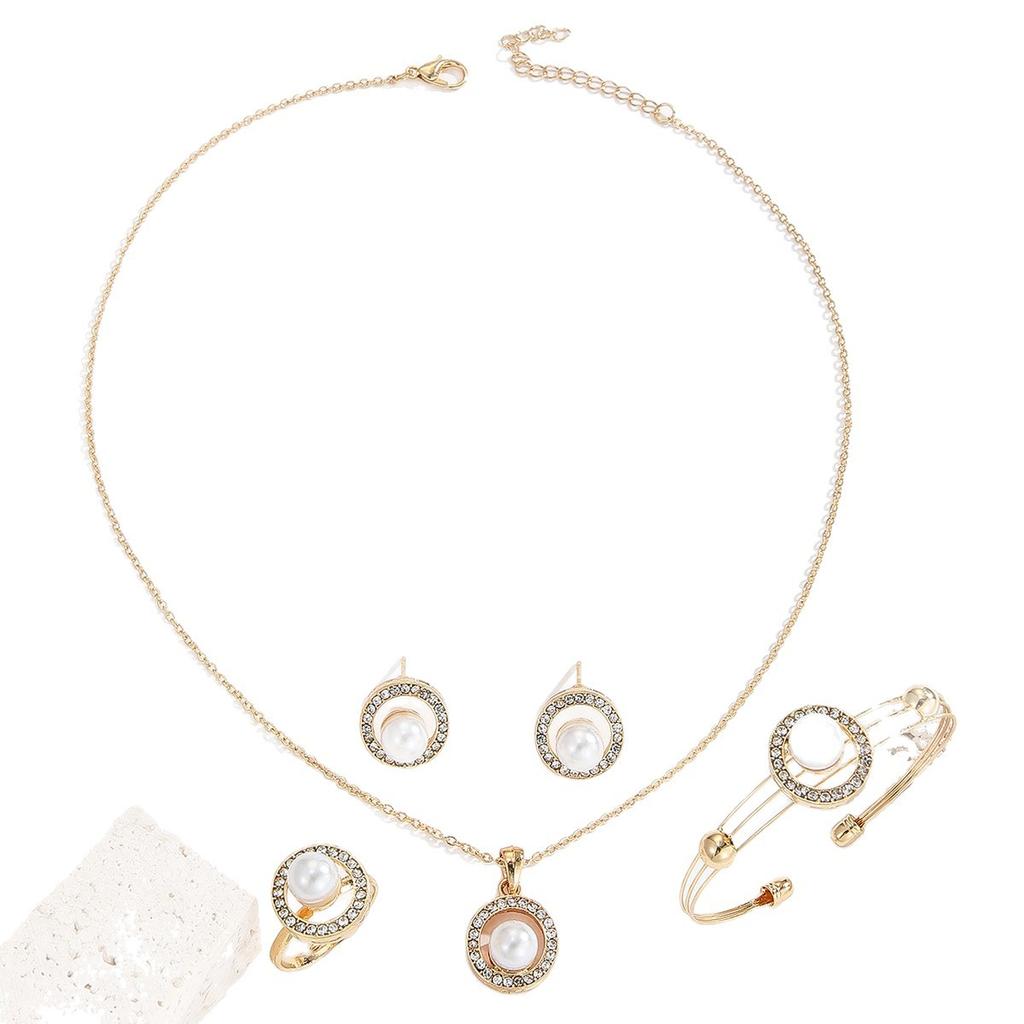 European and American fashion new creative design diamond-studded round pearl earrings, ring, necklace set accessories for women