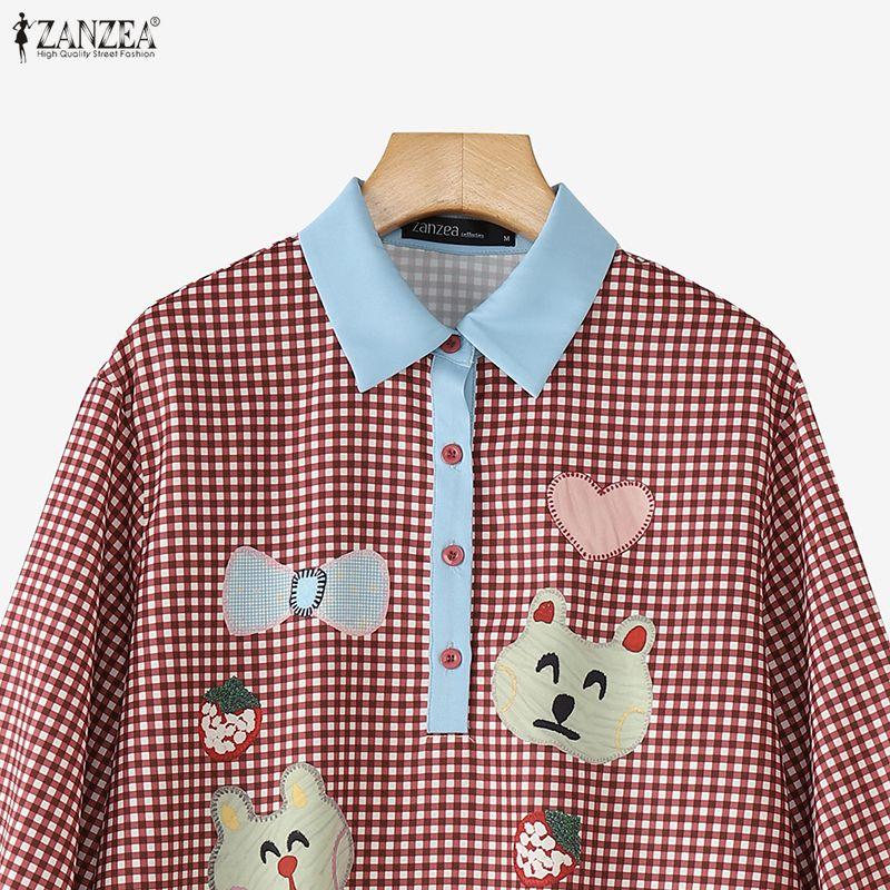 ZANZEA Women Casual Turn Down Collar Long Sleeve Plaid Print Blouse