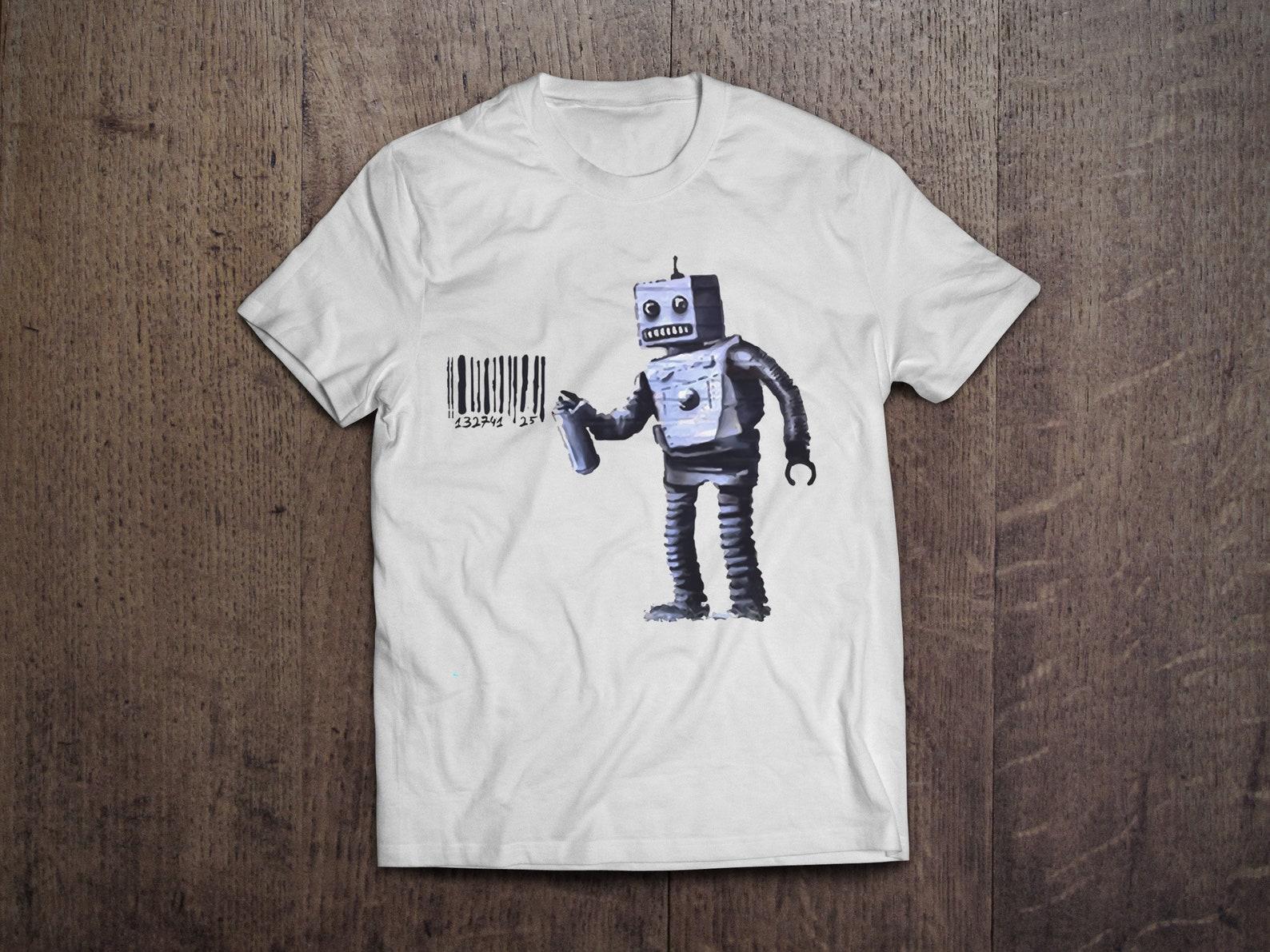 Banksy Robot Barcode Graffiti Art Street / Heavyweight cotton unisex T shirt with print tee top L