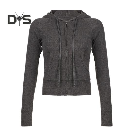 

Осень-весна Женское пальто с капюшоном, завязками на шнурке, длинными рукавами, карманами, застежкой-молнией, эластичными манжетами, подолом, облегающим кроем, спортивная толстовка с капюшоном, повседневная куртка для повседневной носки S серый