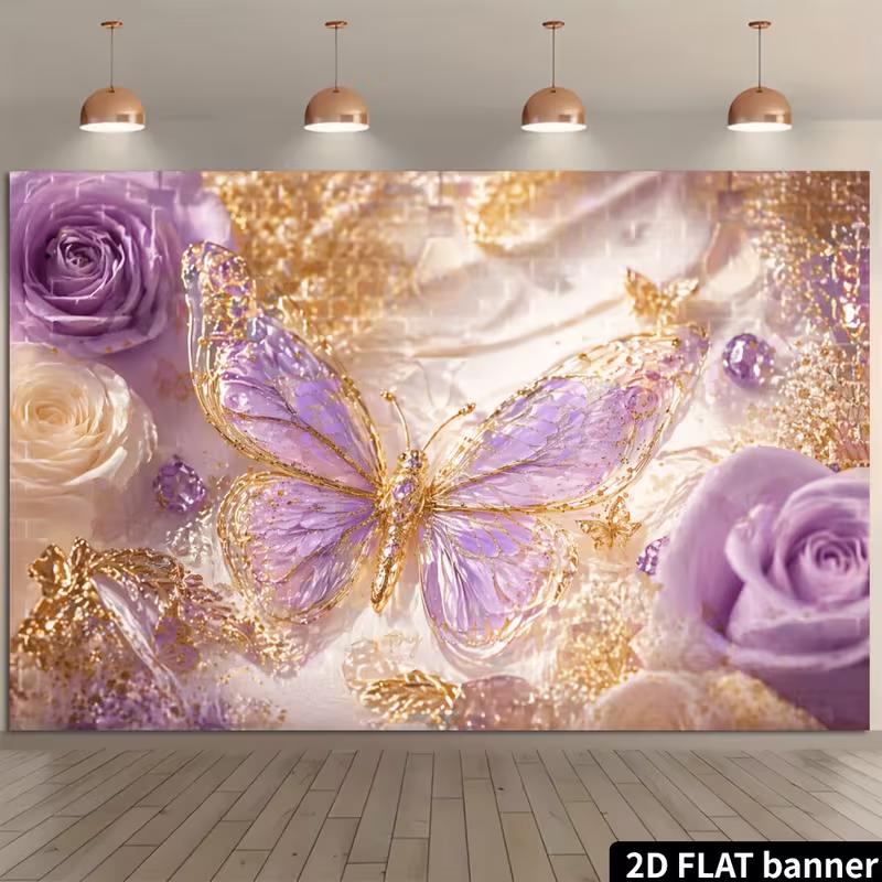 2D Glam Butterfly Party Backdrop, Purple Gold Floral & Diamond Background Decoration