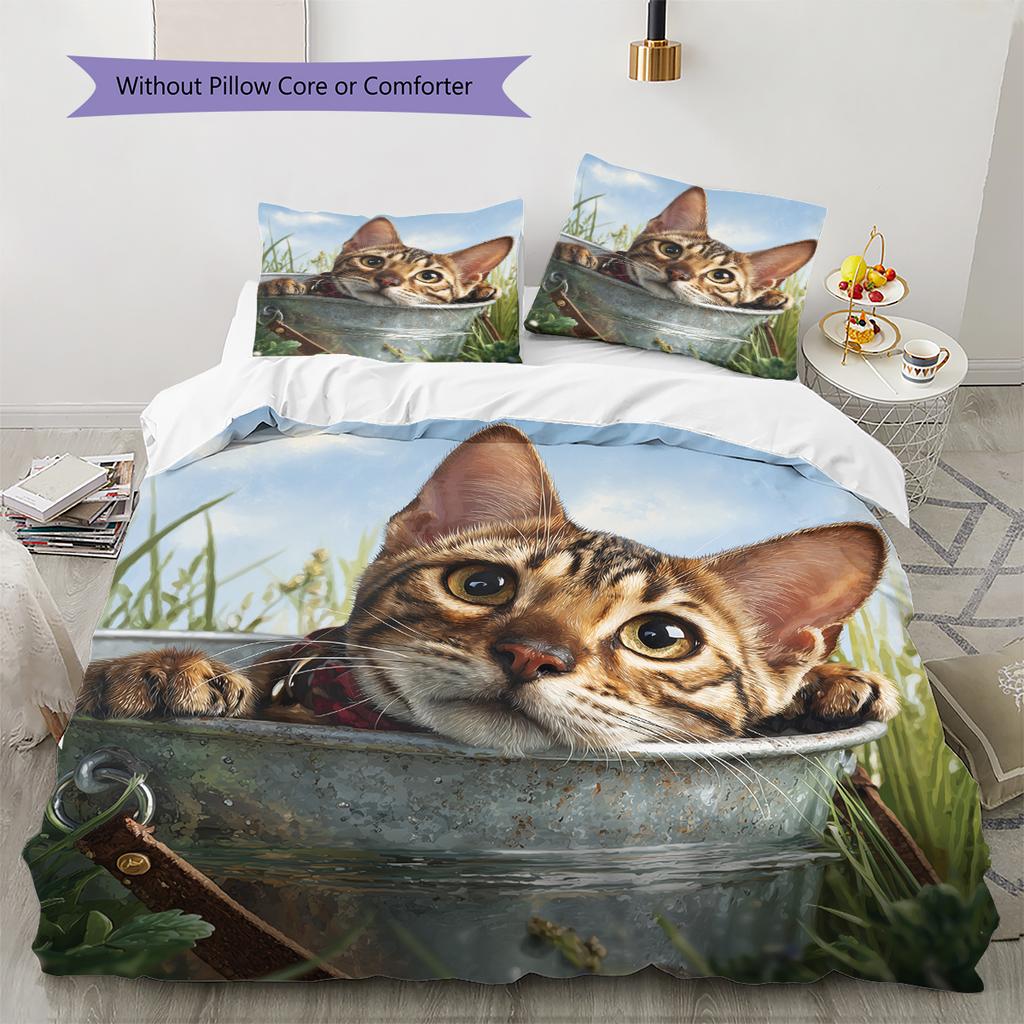 Bengal Cat and Grassland Pattern Bedding Home Decoration Birthday Gift (1 * Duvet Cover + 2 * Pillowcase, Without Core)