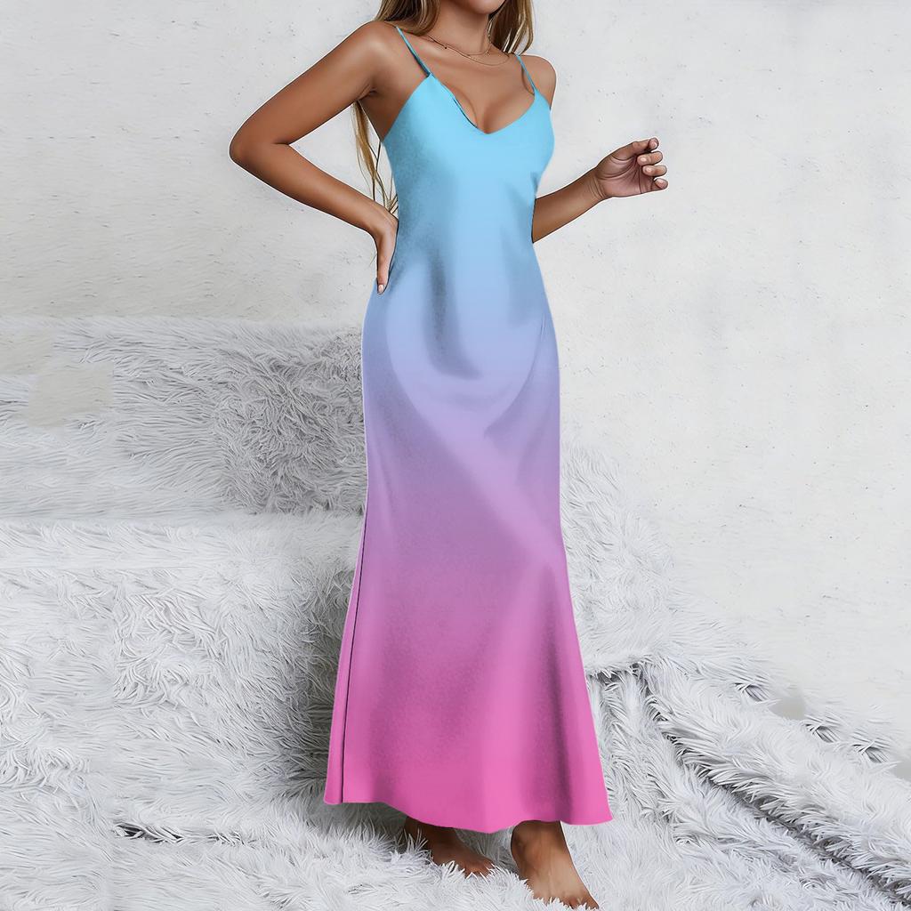 Maxi Abito Smanicato Sfumato con Spalline Sottili Regolabili Scollo a V Casual Vestibilità Larga Estivo Lungo