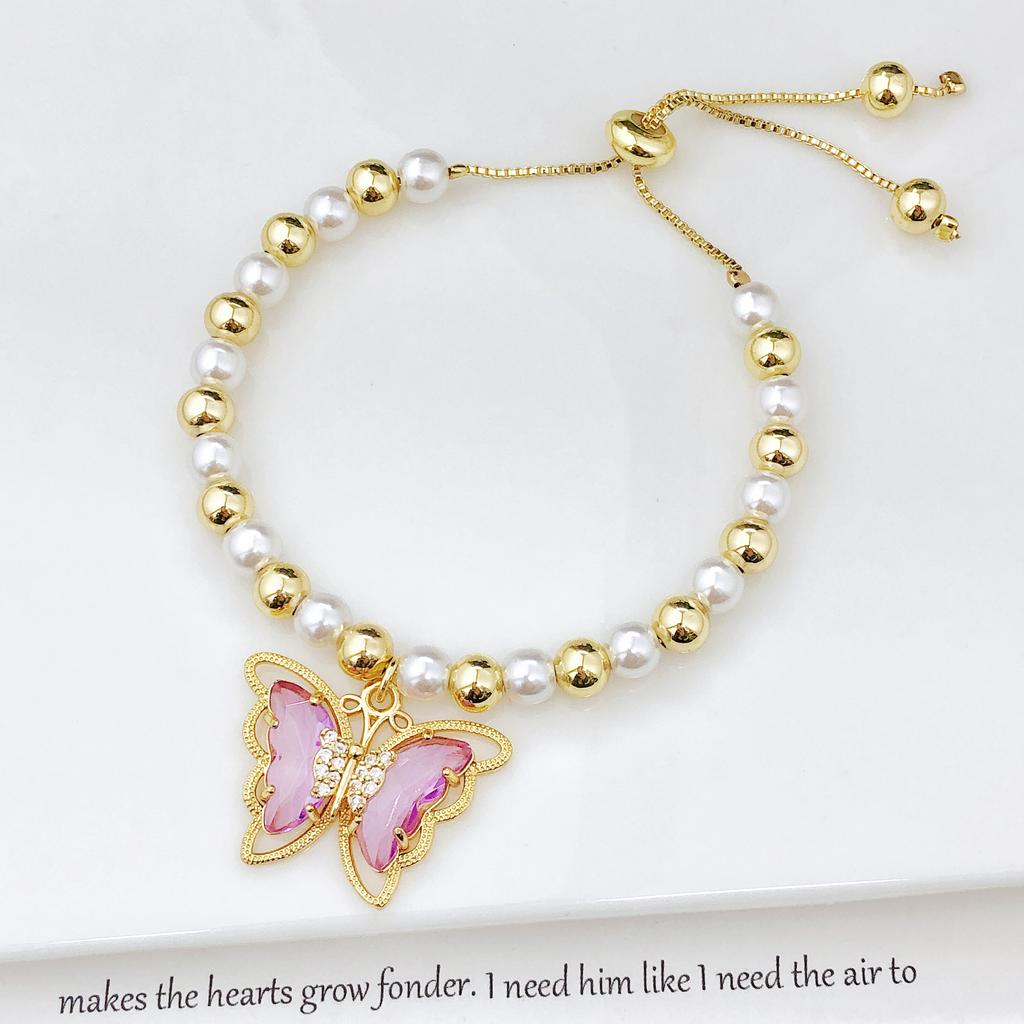 Luxury Butterfly Crystal Zircon Copper Bead Pearl Chain Bracelet Charming for Women Girls Daily Party Wrist Jewelry Wholesale