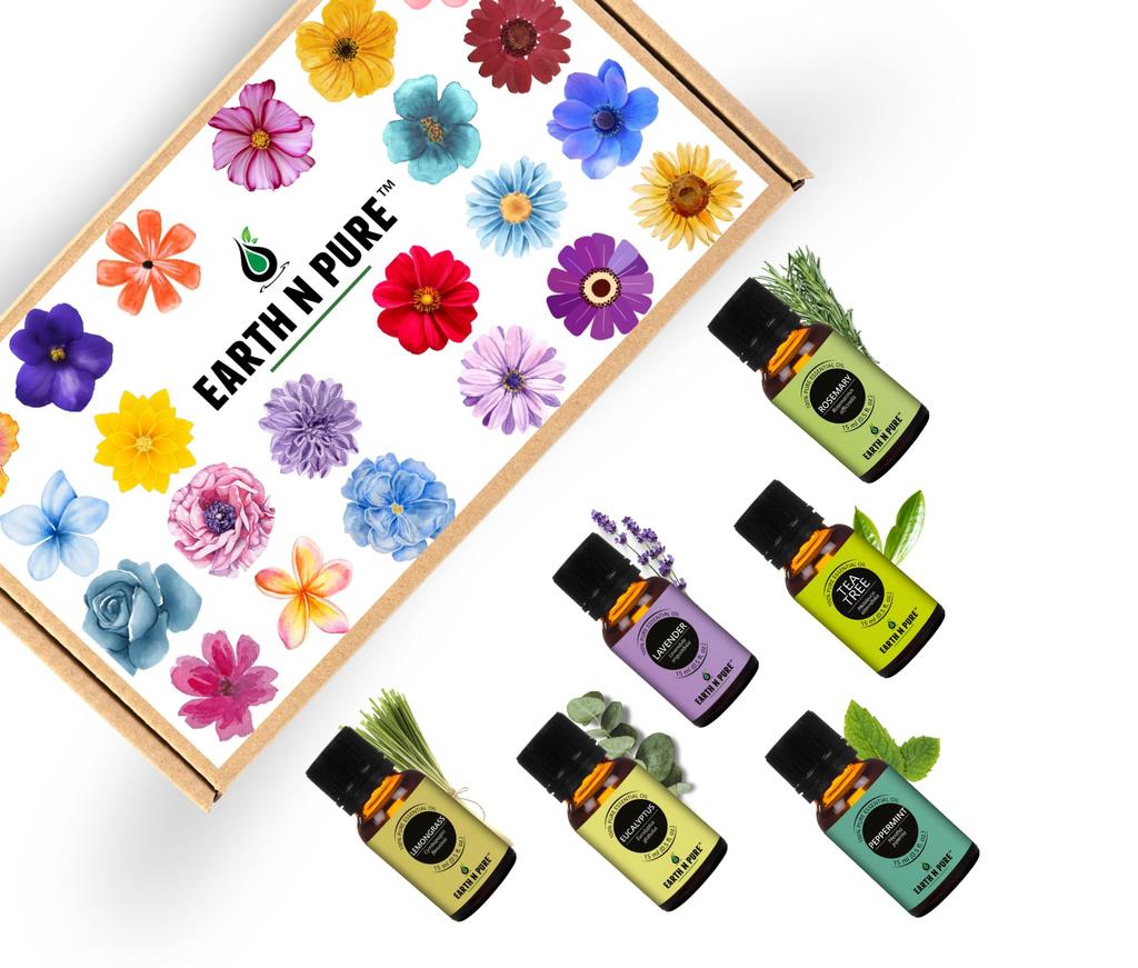 Earth N Pure Essential Oil Pack of 6 (Rosemary, Eucalyptus, Tea Tree, Lemongrass, Peppermint & Lavender) 15 ml each.