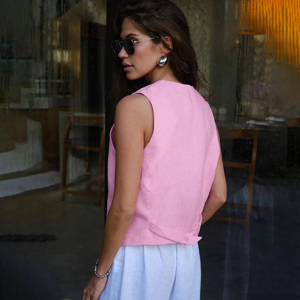 Kvinners Høst Vinter V-hals Dobbel Breasted Ensfarget Temperament Pendeldress Vest