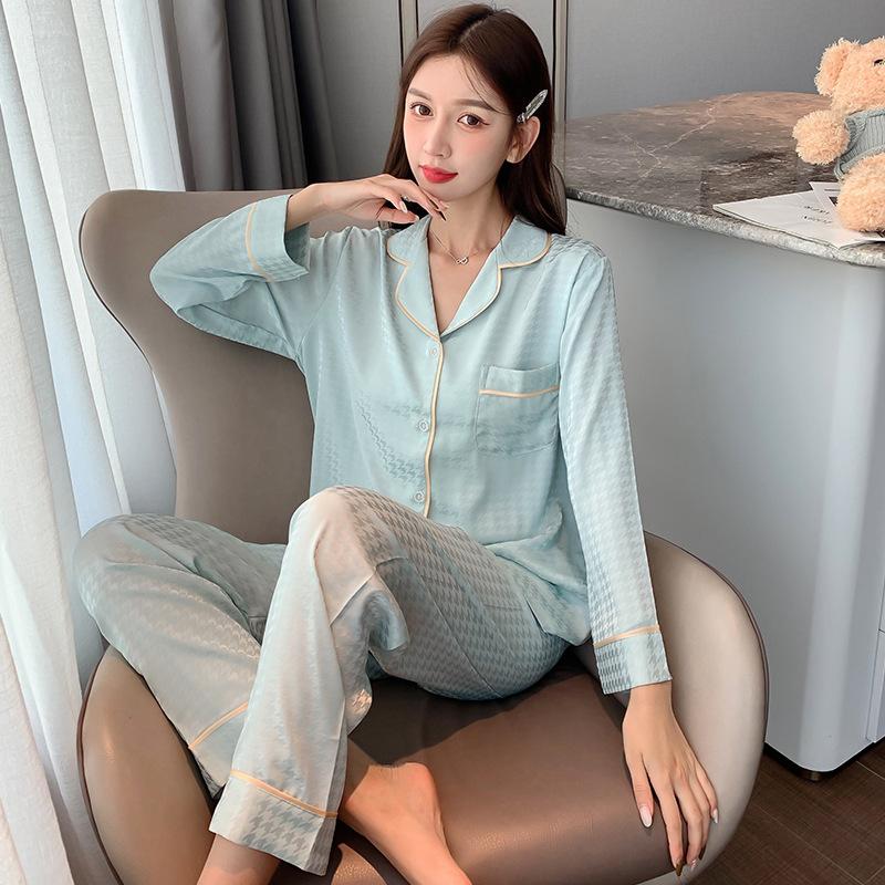 Women's Spring and Autumn Ice Silk Loungewear Ladies Summer Thin Breathable 2 Piece Long Sleeve Pajamas Set Jacquard Houndstooth Homewear