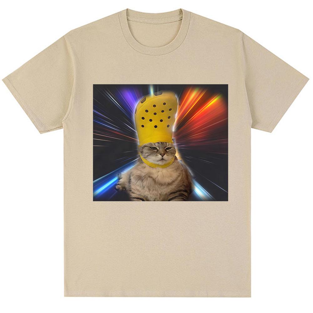Funny Cat with Croc on Its Head Meme T Shirt Men Women Humor Popular Joke T-shirts Personality Oversized Cozy Cotton O-Neck Tees