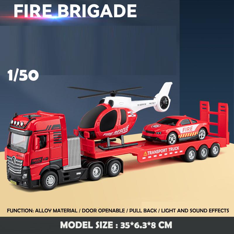 Simulation 1/50 Modèle de Camion d'Ingénierie en Alliage avec Remorque Ensemble Excavatrice Voiture de Police Hélicoptère Véhicule Jouet en Métal Moulé sous Pression pour Garçon Cadeau Voiture