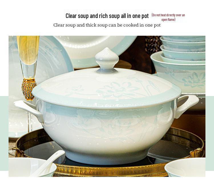 Tangshan Bone China Tableware Set: Underglaze Rice Bowls, Plates, Noodle & Soup Bowls, Chopsticks Combination.