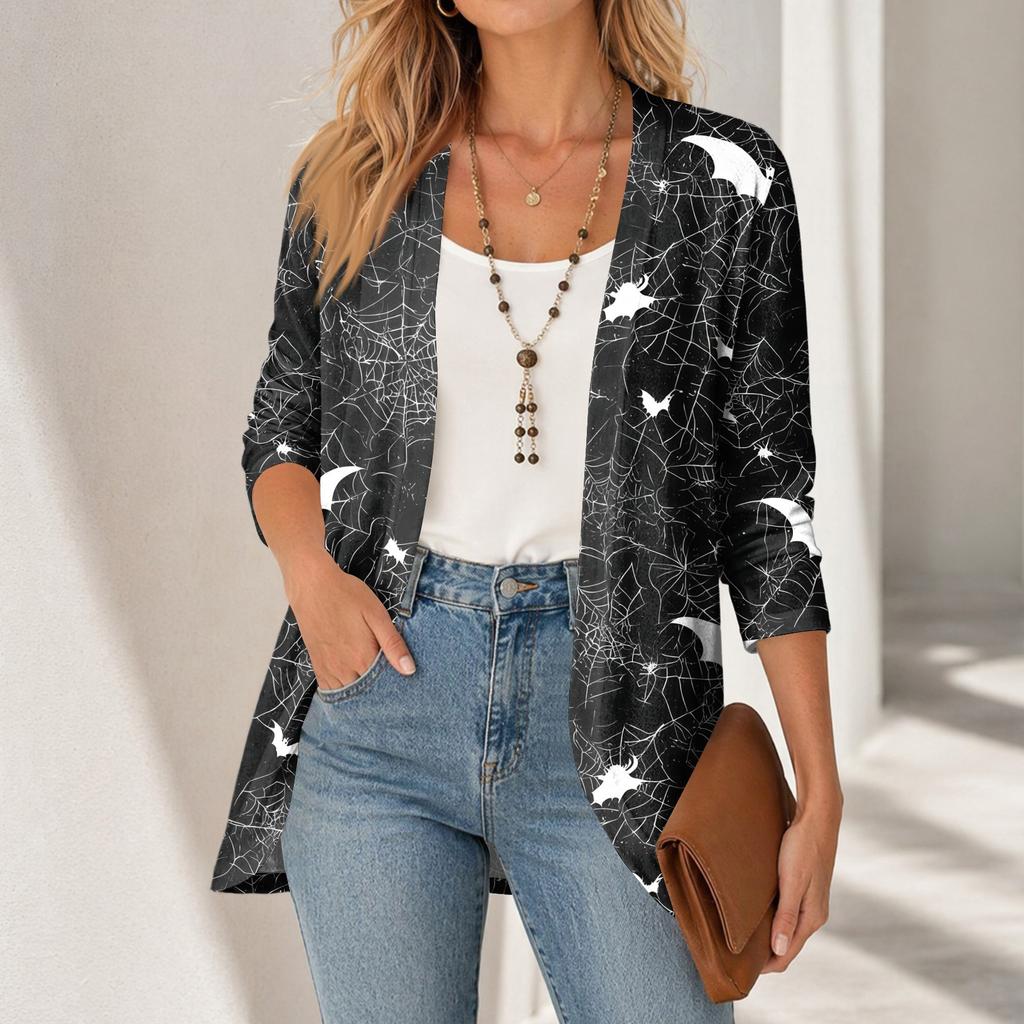 Cardigan décontracté léger ample à manches 3/4 imprimé pour femme pour Halloween