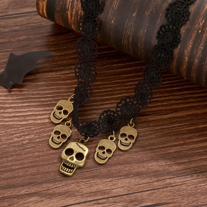 Women's Halloween Geometric Skull Lace Necklace - Dark Style Ghost Pendant Jewelry