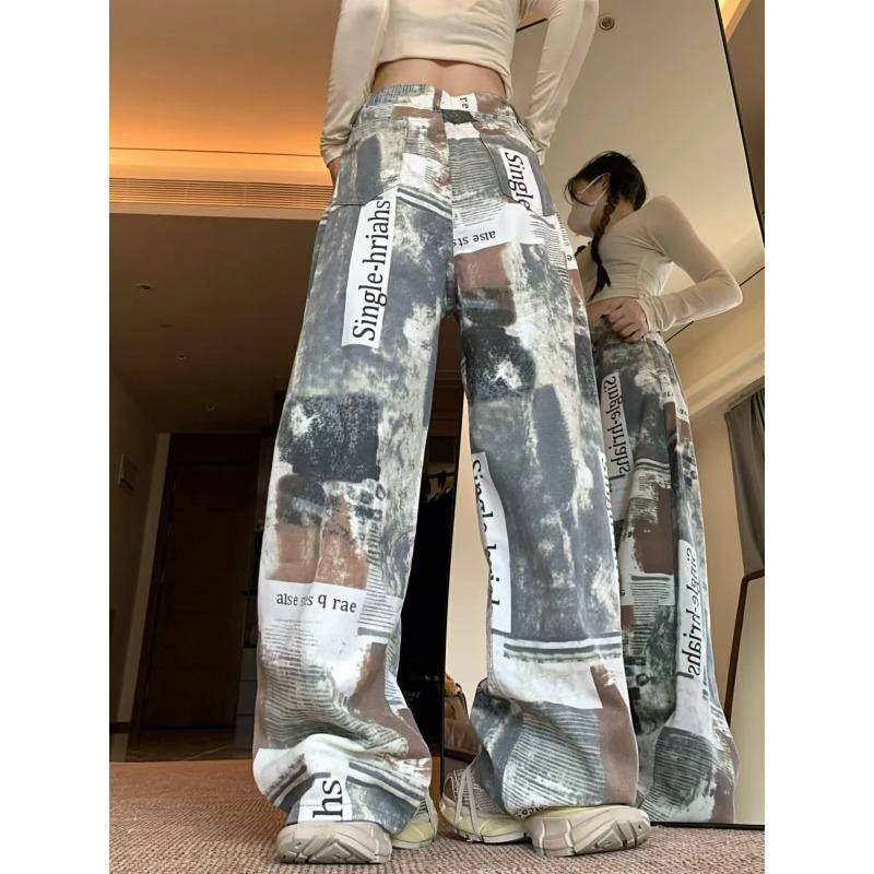 Little Hot Girl High Street Personalized Letter Printed Wide Leg Jeans Women's Autumn High Waist Floor-Mopping Pants
