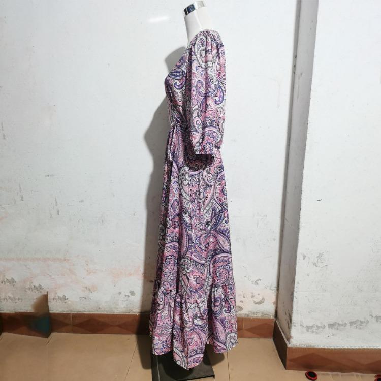 Summer Floral Print Women Dress V-Neck Casual A-Line High Waist Short Bubble Sleeve Straps Ankle-Length Slit Spring Dresses