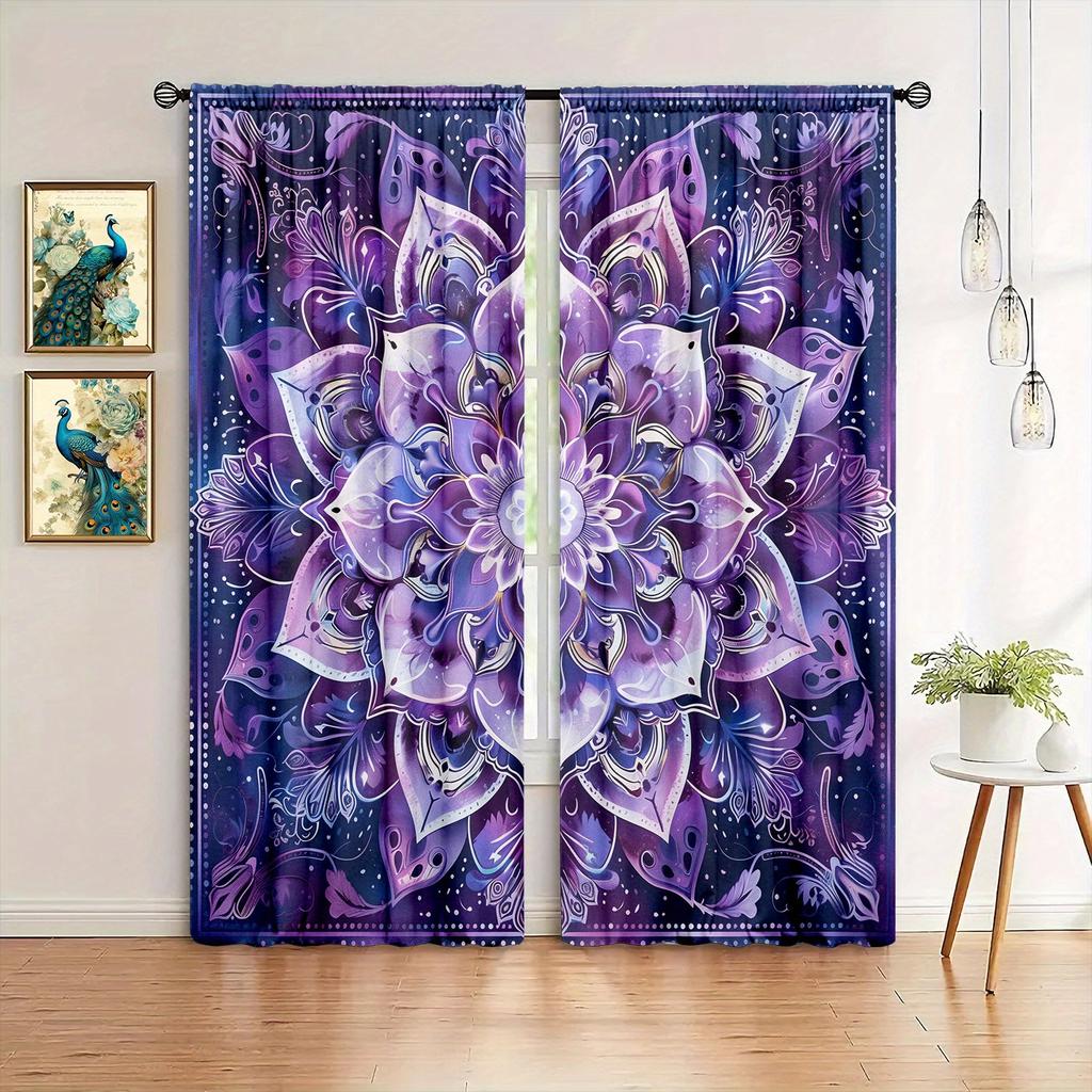 2pcs Blue Mandala Printed Curtain for Home Decor - Rod Pocket Window Treatment for Bedroom, Office, Kitchen and  Living Room