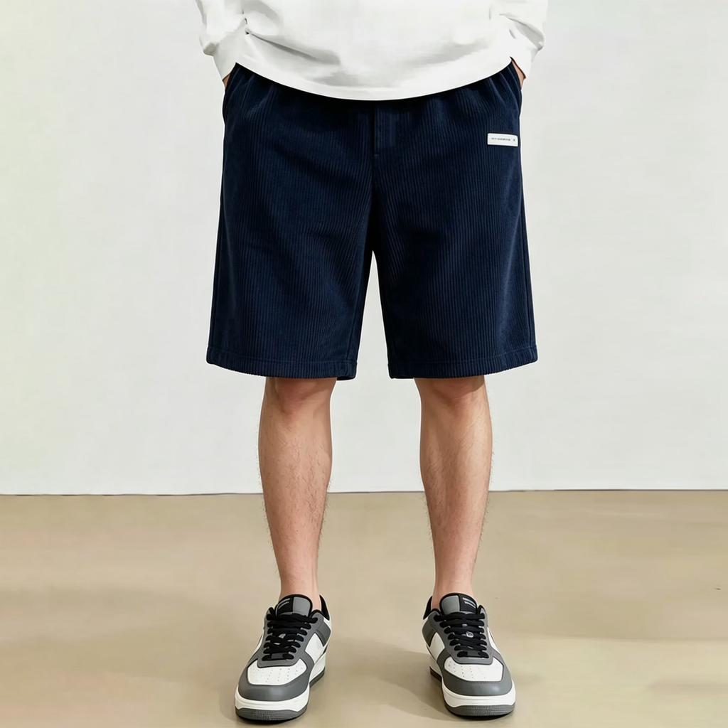 Mens Corduroy Shorts Relaxed Fit Knee Length Straight Leg Casual Shorts with Elastic Waistband and Side Pocket Design for Everyday Wear