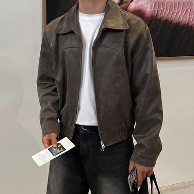 Primăvară Toamnă Vintage Ușoară Distressed Spălat Maro Pu Jachetă din piele Bărbați Fermoar Casual Haina de modă coreeană