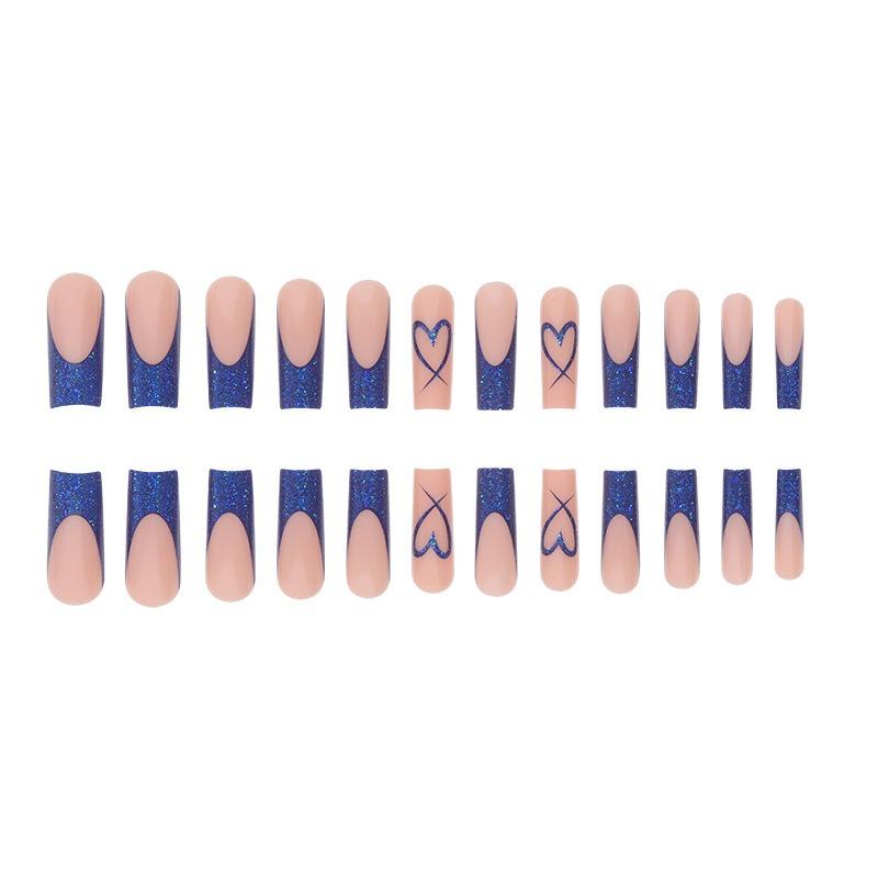 Long sparkling Enchantress blue Valentine's Day heart stripe simple brush European and American INS style hot girl wearing nail tips wholesale