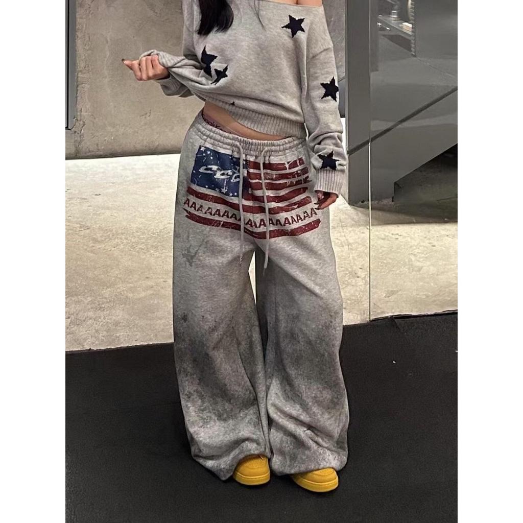 FlowStreet Y2K College American Hip-hop Goth Print Drawstring Wide Leg Sweatpants Loose 90s High Street Sports Trousers Floor Length Pants