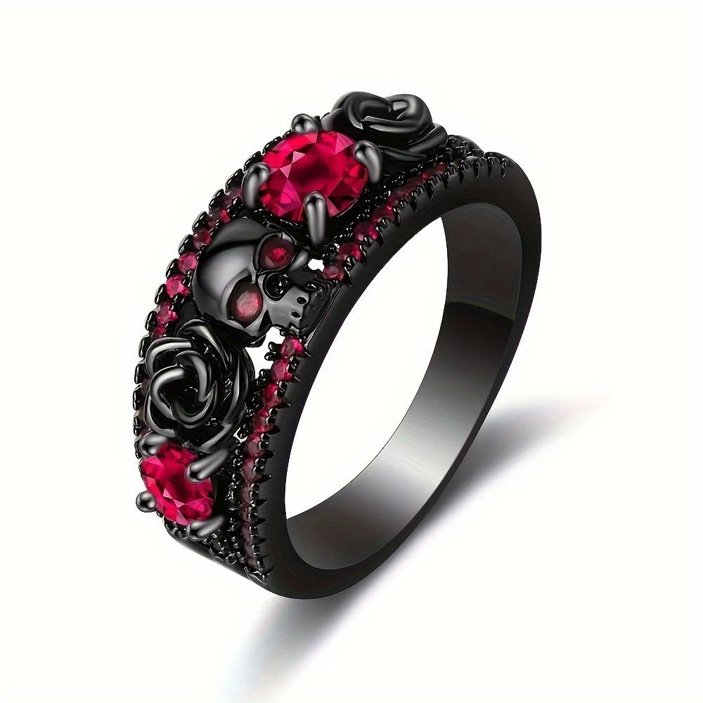Punky & Simply Style, Black Ring Skull & Rose Design Paved Shining Zirconia Suitable For Men And Women Rings