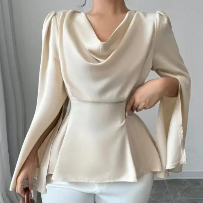Shirt French High-end Temperament Socialite Satin Swing Collar Long-sleeved Shirt Summer New Strap Waist Short Top