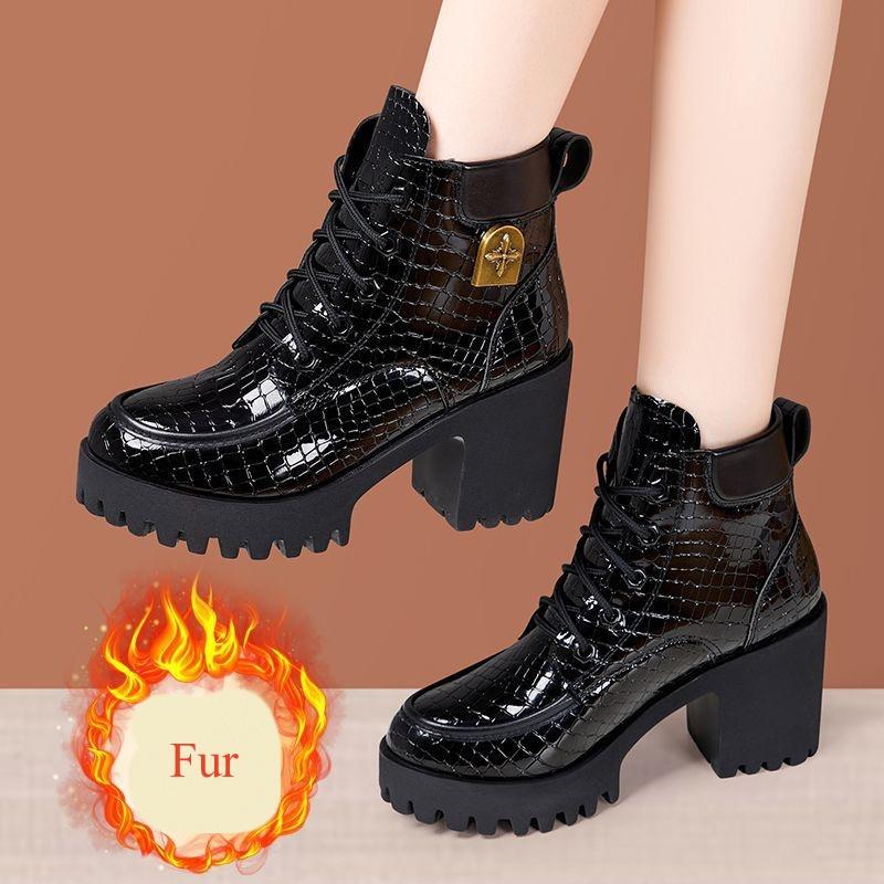 

8см 10см Маленький размер 33-43 Новые яркие кожаные сапоги Обувь на толстой платформе Зима 2025 Блочный высокий каблук Ботильоны Мотоциклетные сапоги Мама 39