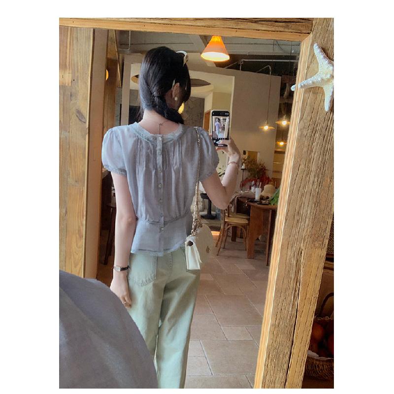 New Lace Spliced Puff Sleeve Chiffon Blouse for Women, Summer Tencel Ramie Short Top