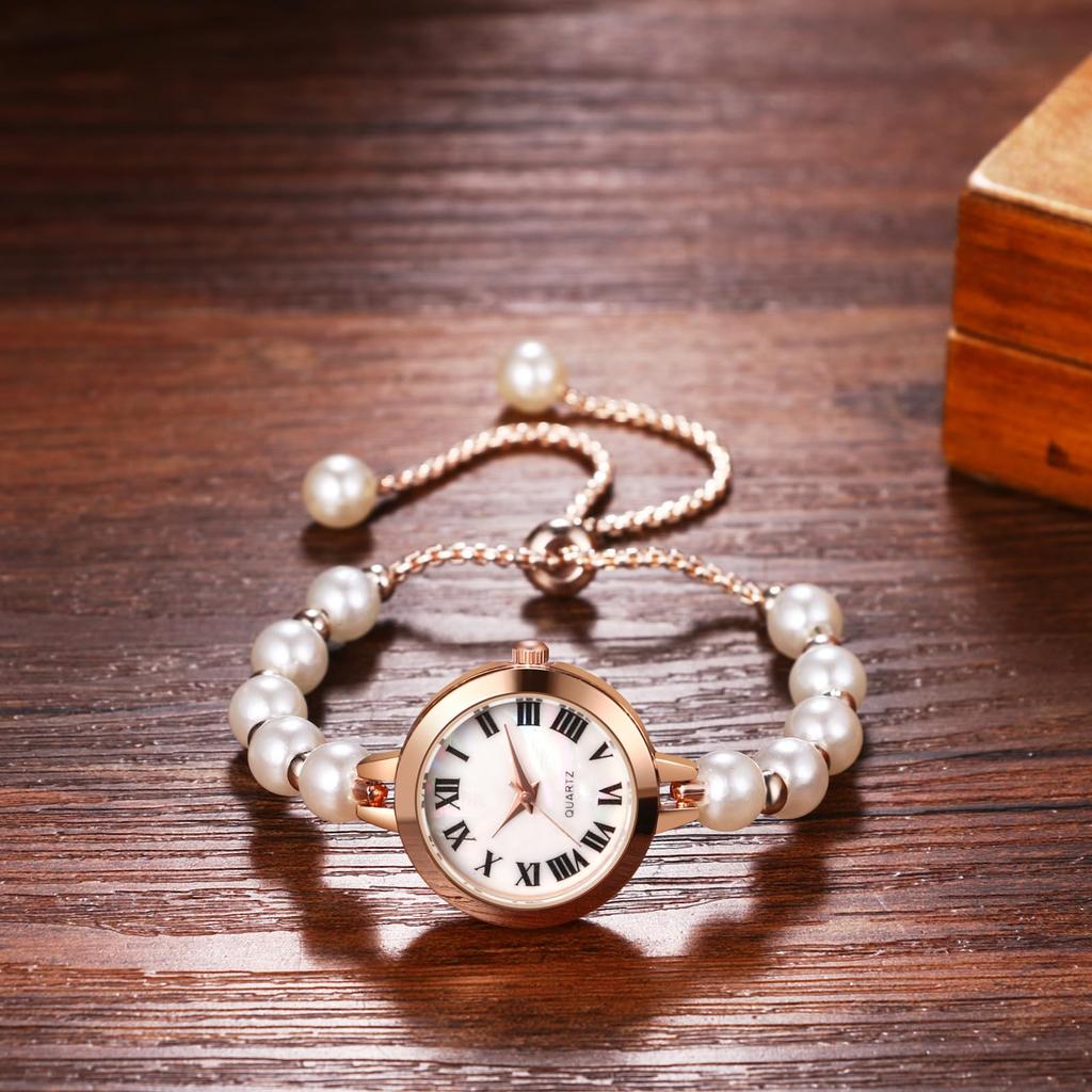 Round Small Pearl Roman Numeral New Year Wristwatch, Women's, Waterproof, Rainproof, Dial, Quartz, Dial, Bracelet, Dial, Adjustable, Simple, Present,