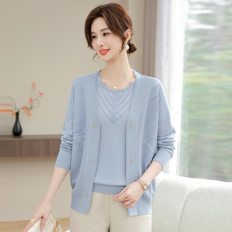 Middle-aged Mother Spring Knitted Cardigan Two-piece Set New Fashionable Middle-aged and Elderly Women's Spring and Autumn Top Set
