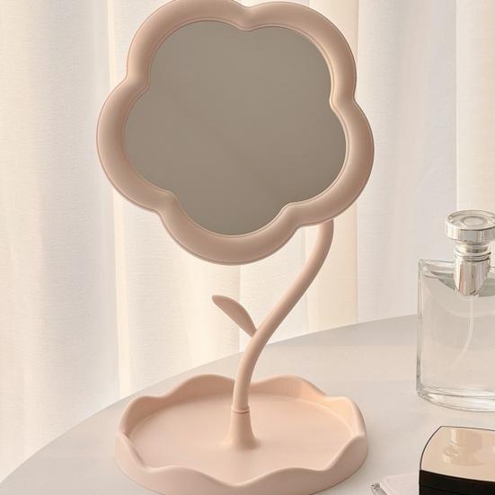 Flower Desk Makeup Mirror with Storage Tray 360 Degrees Rotation Desktop Vanity Mirror Multi-purpose Women Cosmetic Table Mirror Jewelry Organizer