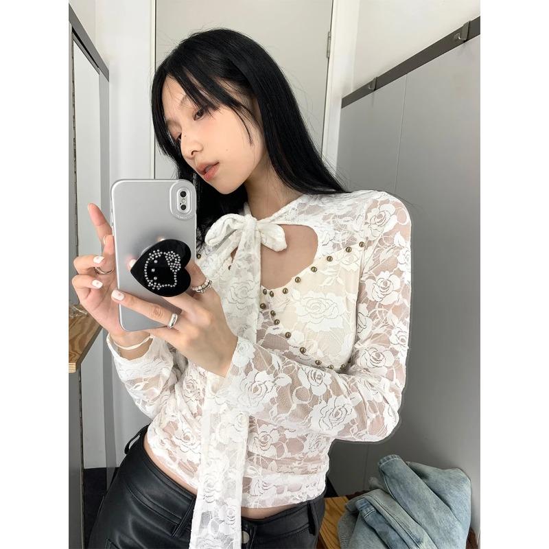 Vintage T Shirt Women Lace Lcae Up Shirt Hollow Out Y2k Tee Tops Fairycore 2000s Korean Style Tshirts Autumn Winter