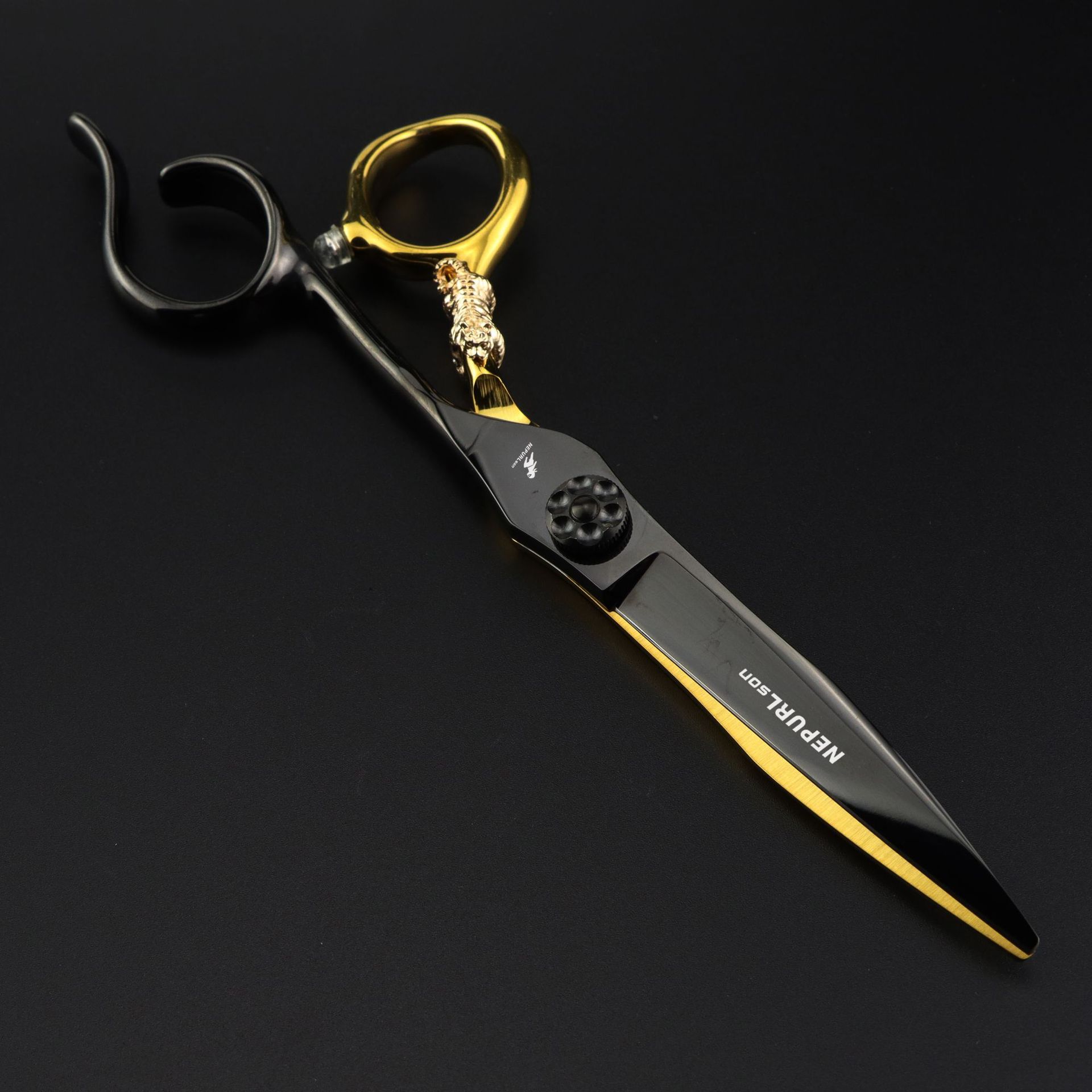 Black 6.0 Inch Nimpson Black Steel Small Golden Tiger, Bearing Screw Hair Scissors, Hair Scissors, Tooth Scissors, Thin Scissors 6.0inch black gold notched handle flat scissors
