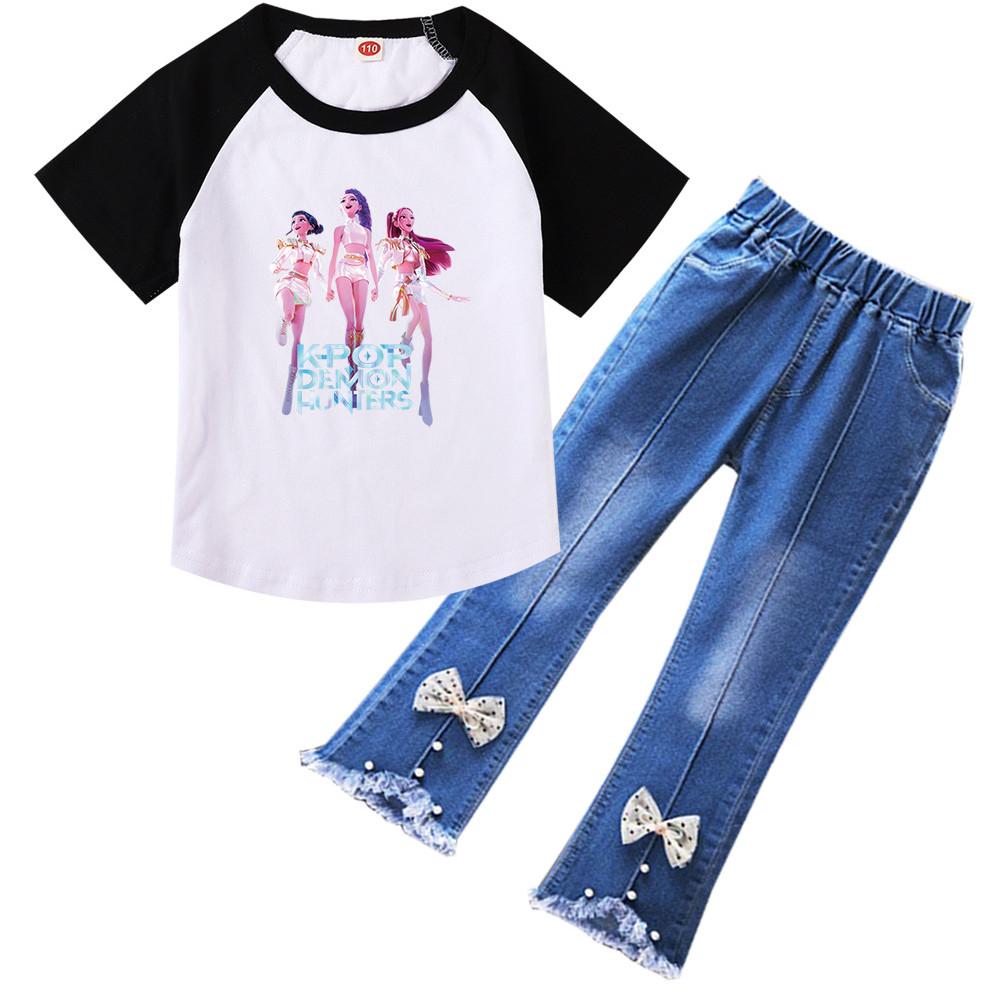 

Kids Girls Anime Cartoon K-Pop: Demon Hunters Printed Casual Short Sleeves T Shirt Jeans Pants Clothes Set 160Cm