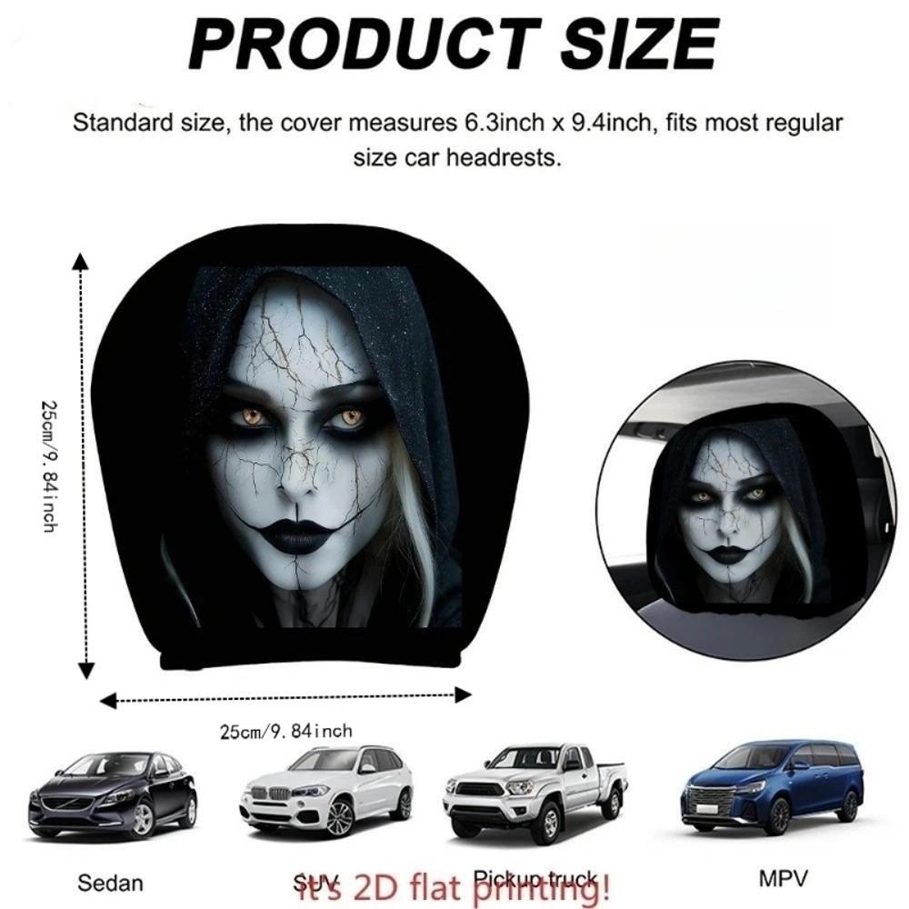 2 Stuks Spook Auto Hoofdsteunhoezen 2D Stretch Nekkussenhoes Donkere Stijl Hoofdsteunhoezen Universele Pasvorm